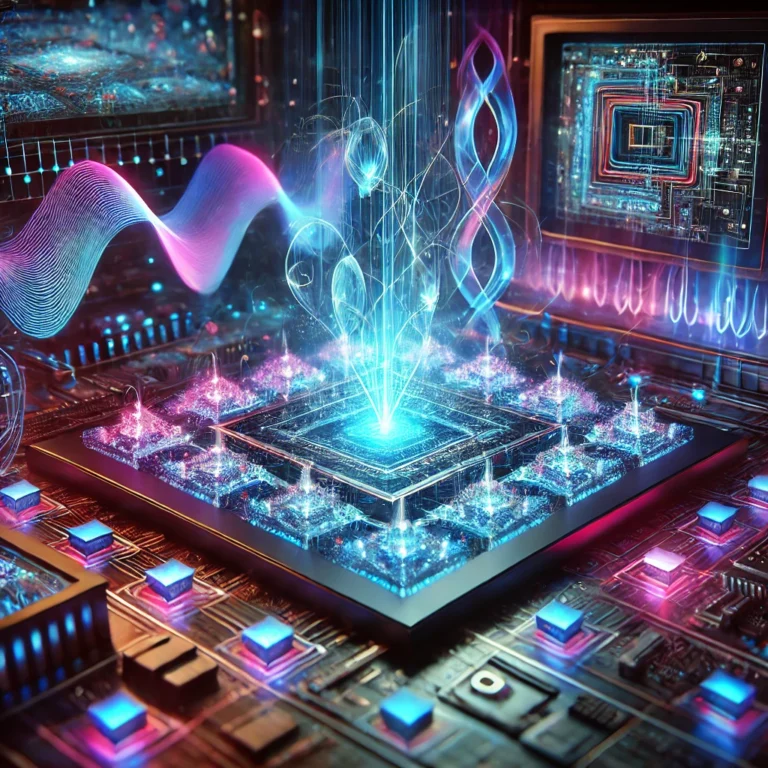Illustration: a glowing quantum chip with light and waves rising from it